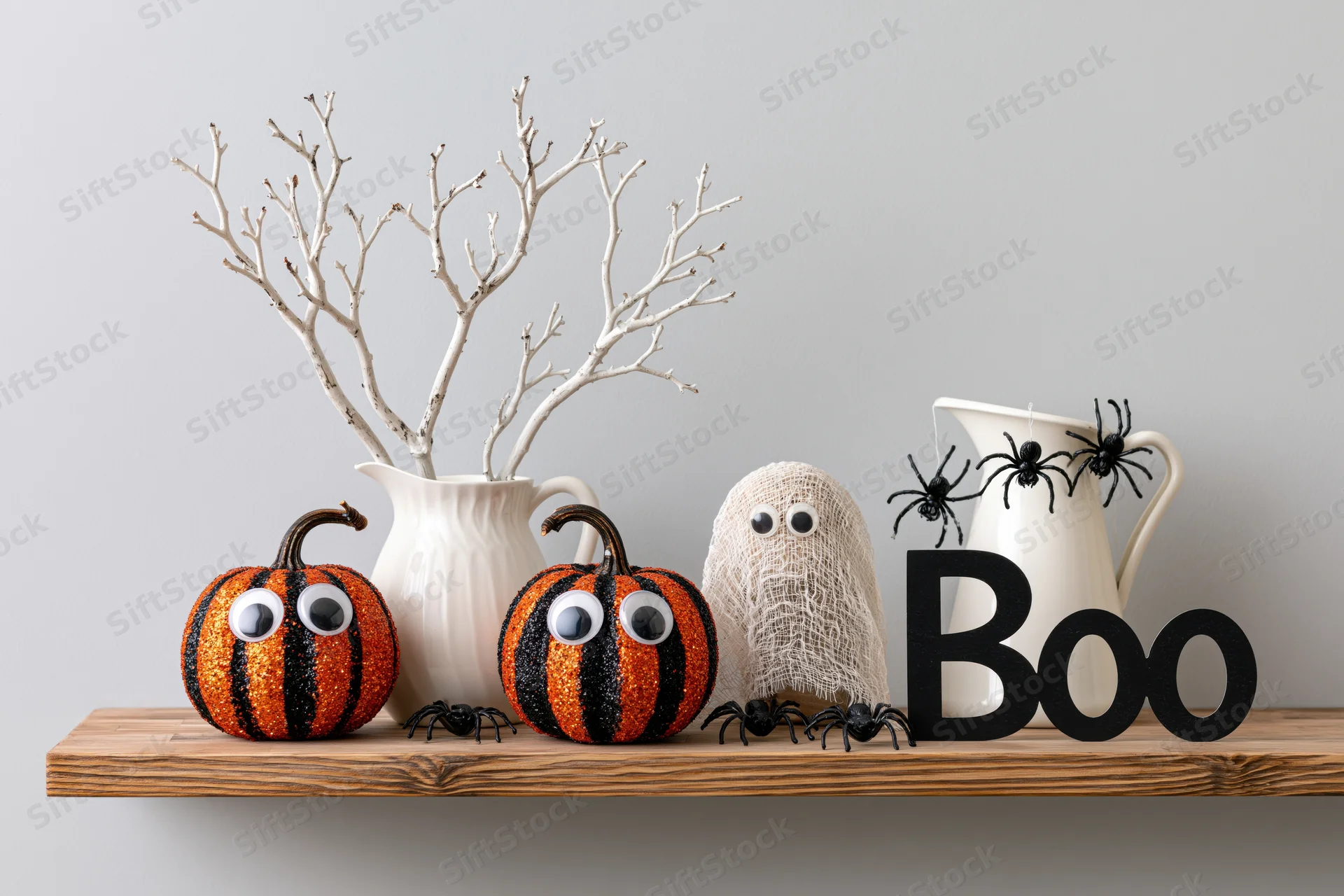 Halloween decoration arrangement on wooden shelf with pumpkins, ghost, spiders, and boo sign