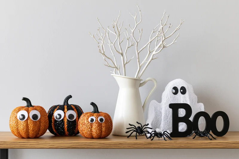 Halloween decoration arrangement on wooden shelf with pumpkins, ghost, spiders, and branches in vase