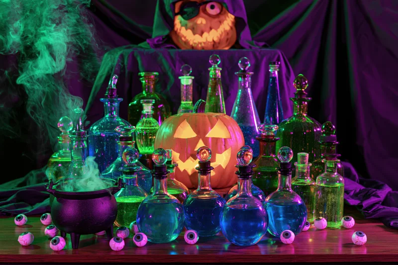 Witch's table with glowing potion bottles and jack-o'-lantern surrounded by eyes and smoke