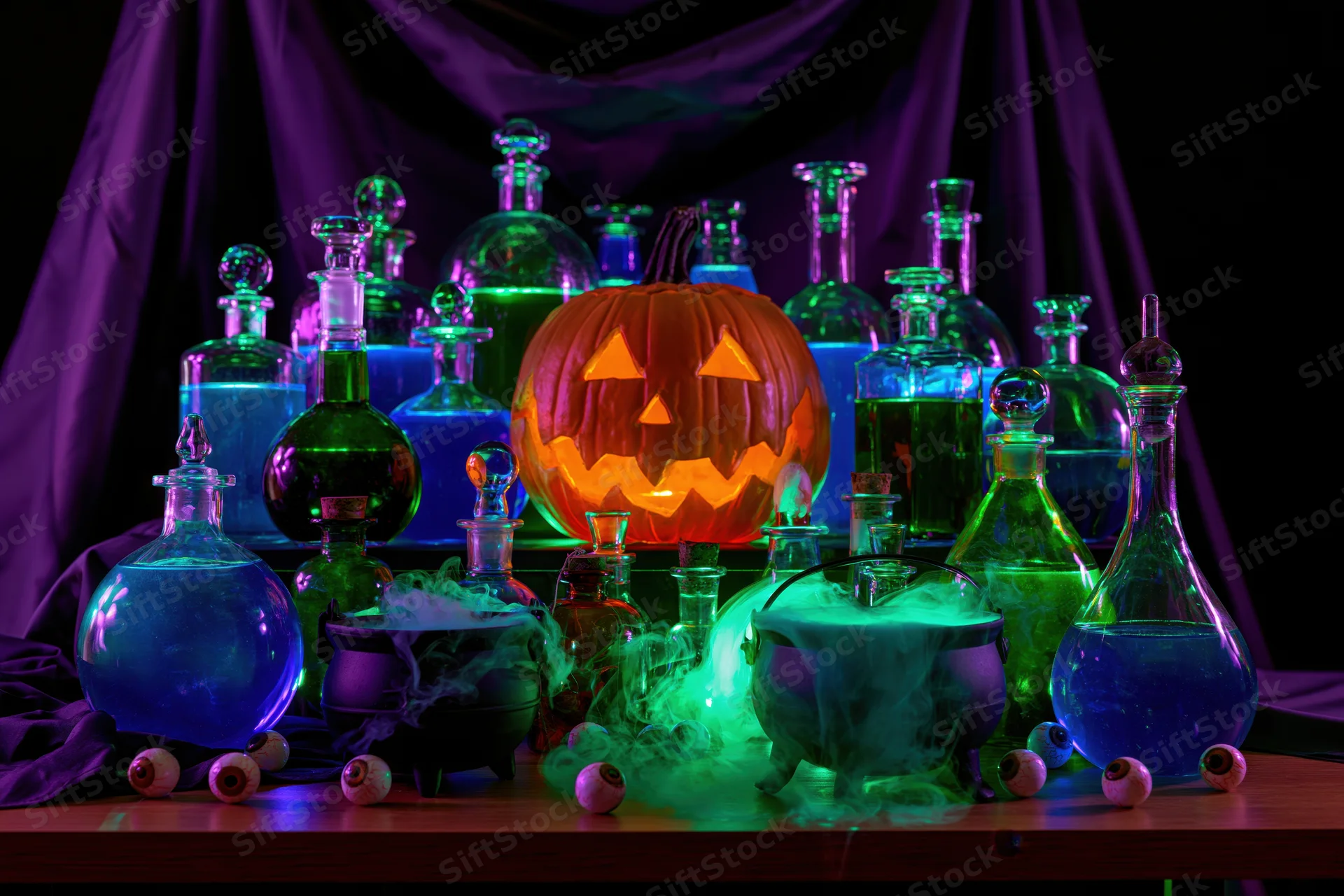 Glowing jack-o-lantern and potion bottles on a witch’s table with cauldrons and eyes under purple drapery