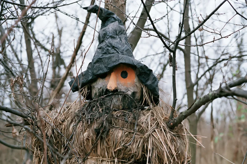 Handmade scarecrow with carved wooden face and witch hat nestled in straw among bare tree branches