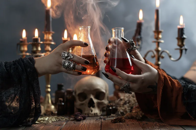 Two hands holding glass flasks with smoking potions over a skull and candles on a wooden table