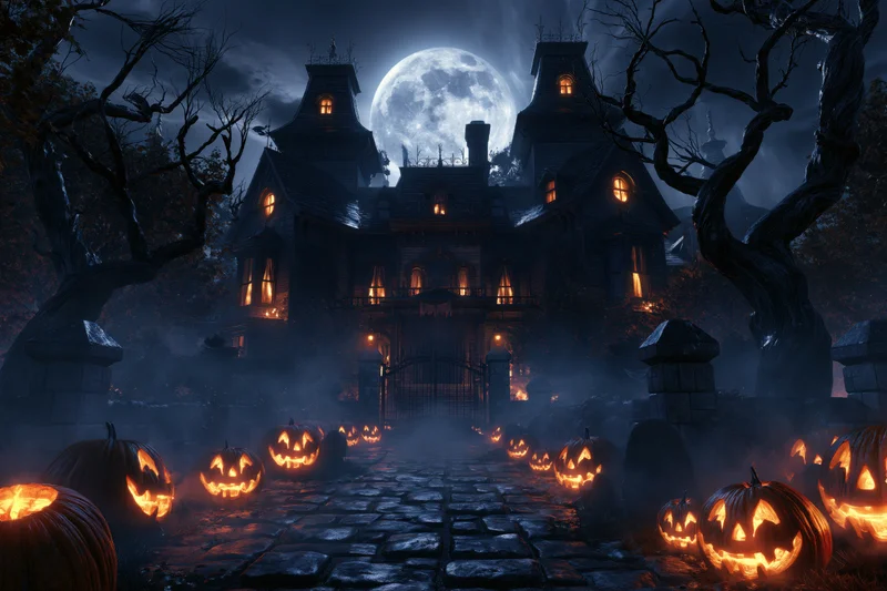 Gothic mansion at night with glowing jack-o-lanterns lining a cobblestone path under a full moon