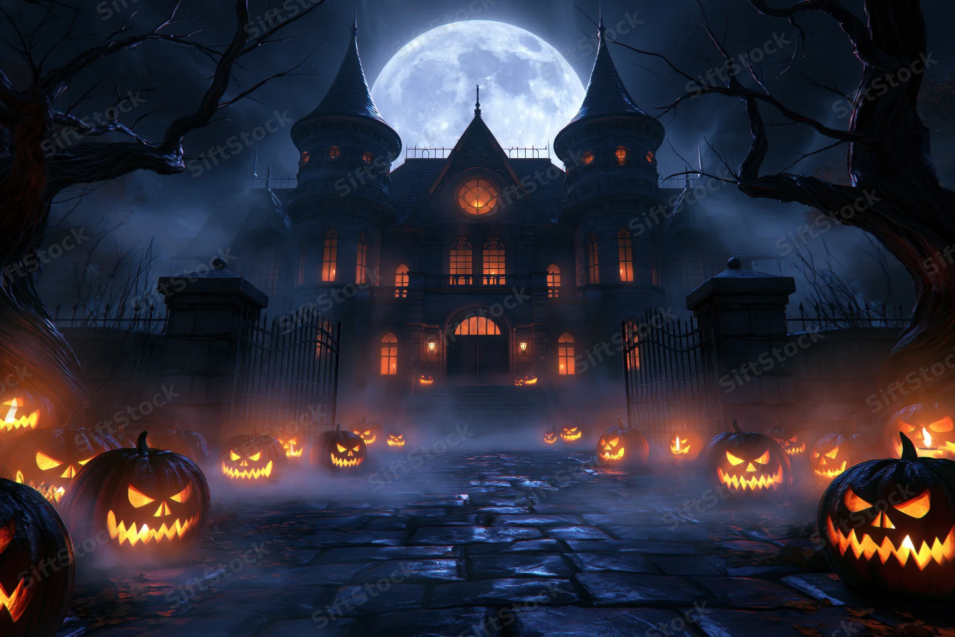 Gothic mansion at night with glowing jack-o-lanterns lining the cobblestone path under a full moon