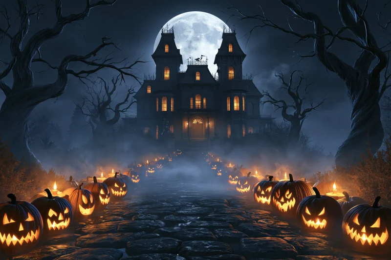 Gothic mansion at night with glowing jack-o-lanterns lining a cobblestone path under a full moon