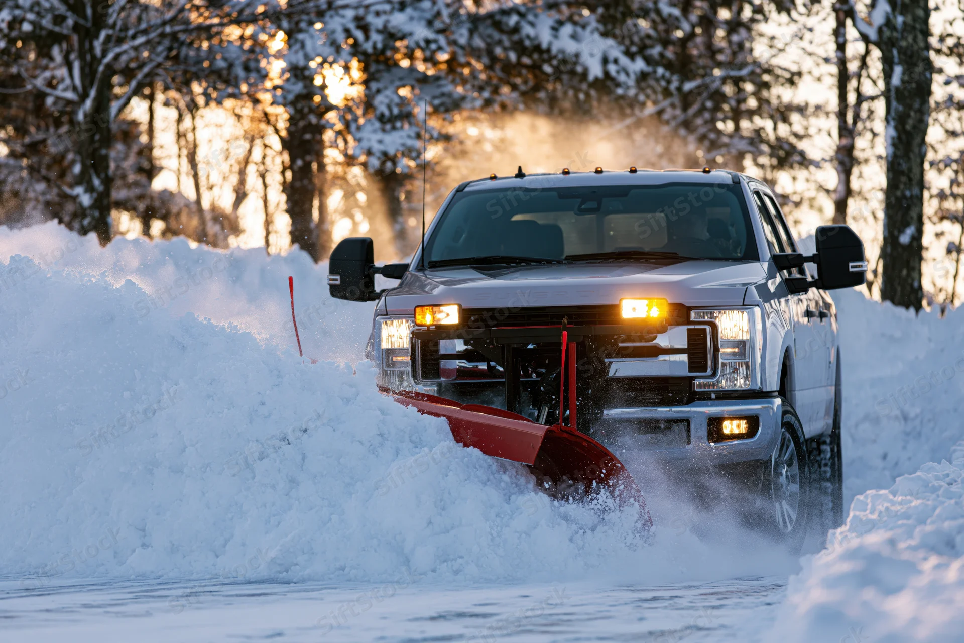 Silver pickup truck with red snow plow blade clearing snow on a forest road