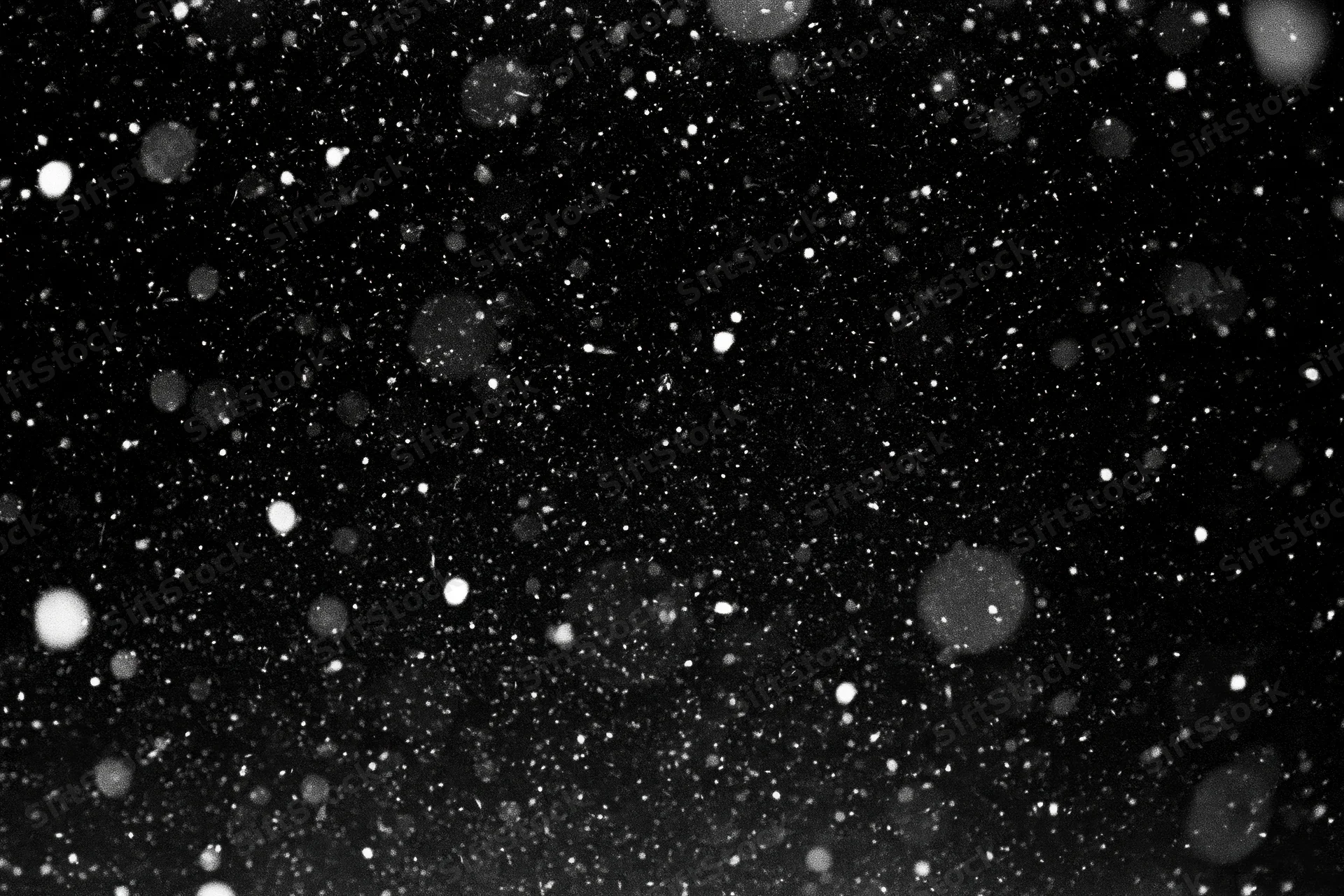 Snowflakes falling against a black night sky