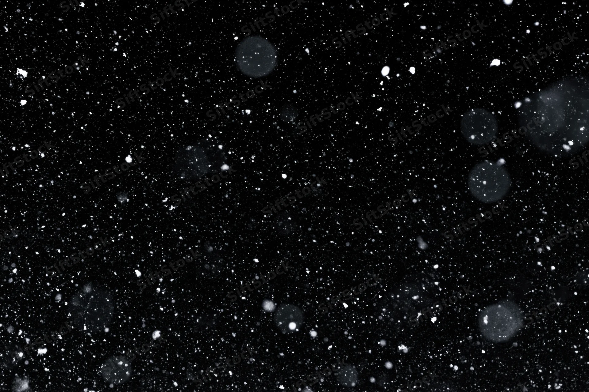 Snow falling against a black night sky