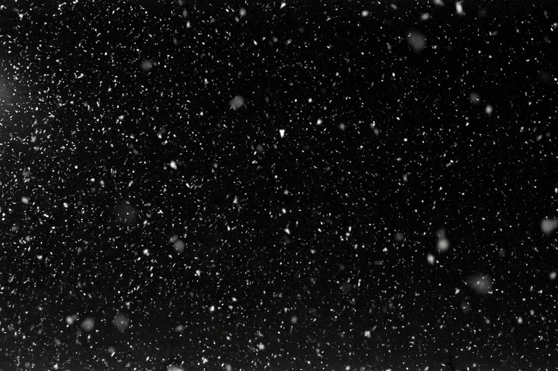 Snow falling densely against a black night sky