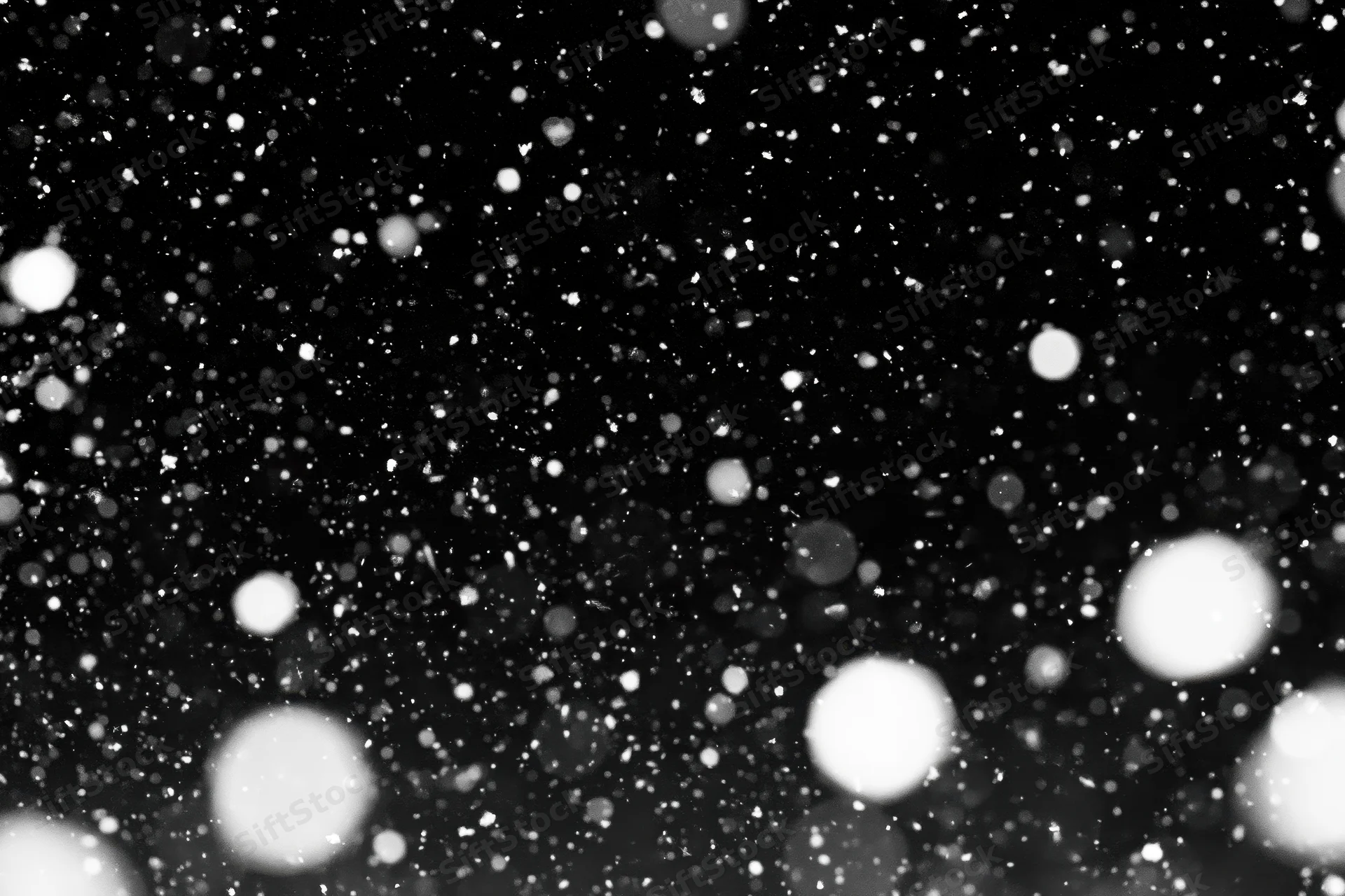 Snowflakes falling against a black night sky