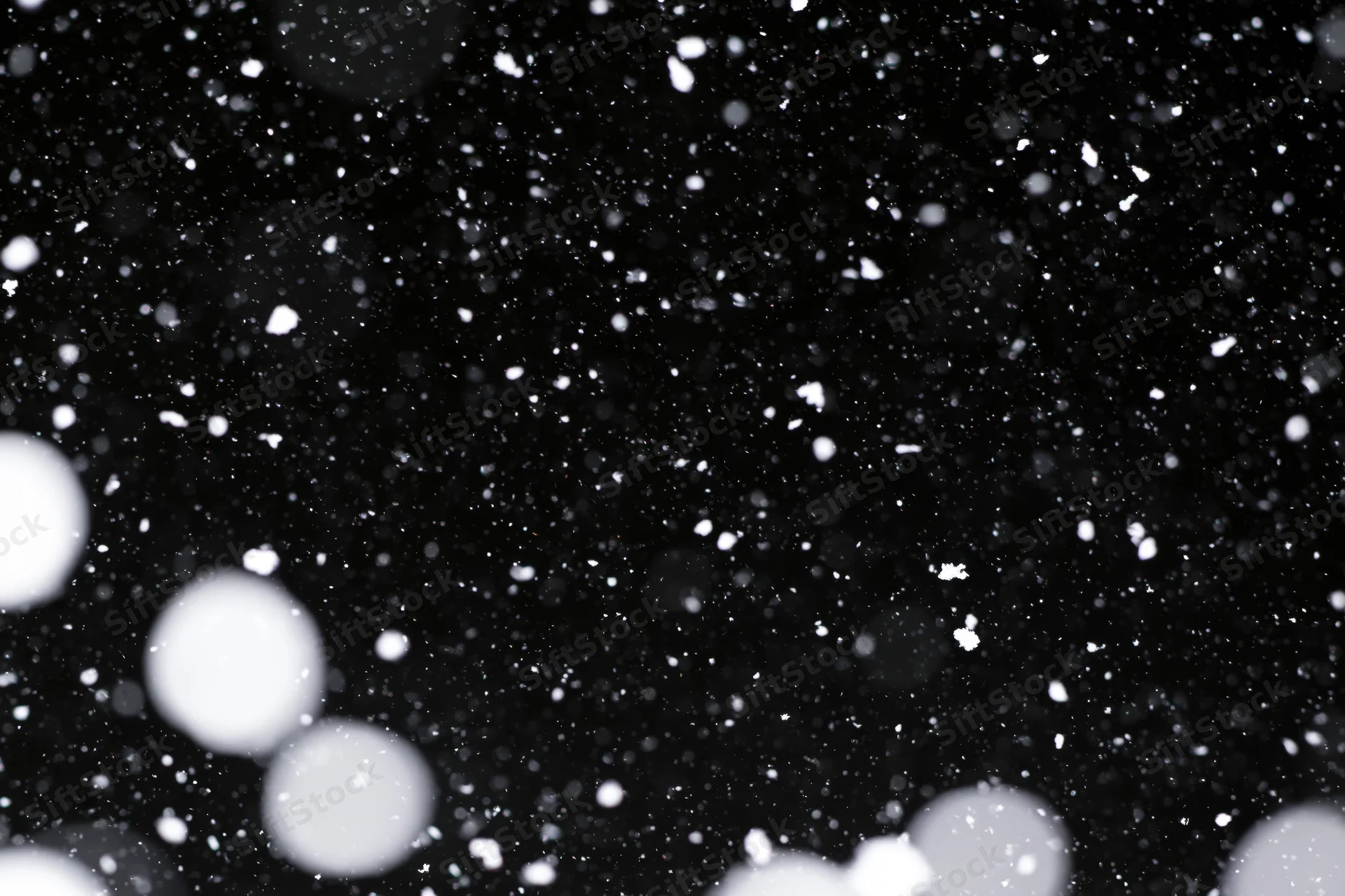 Snowflakes falling against a black night sky
