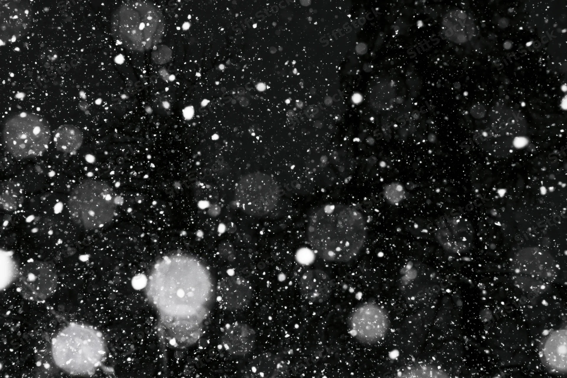 Snow falling heavily at night against a dark sky