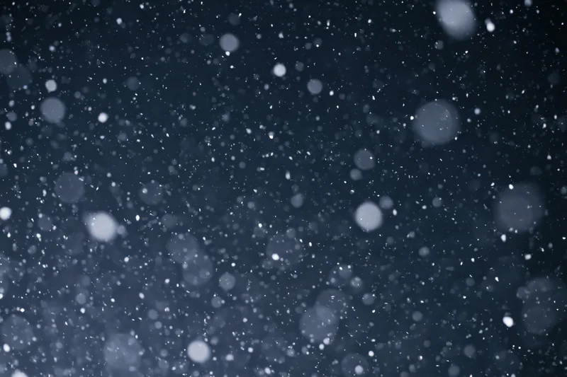 Snow falling in mid-air against a dark night sky