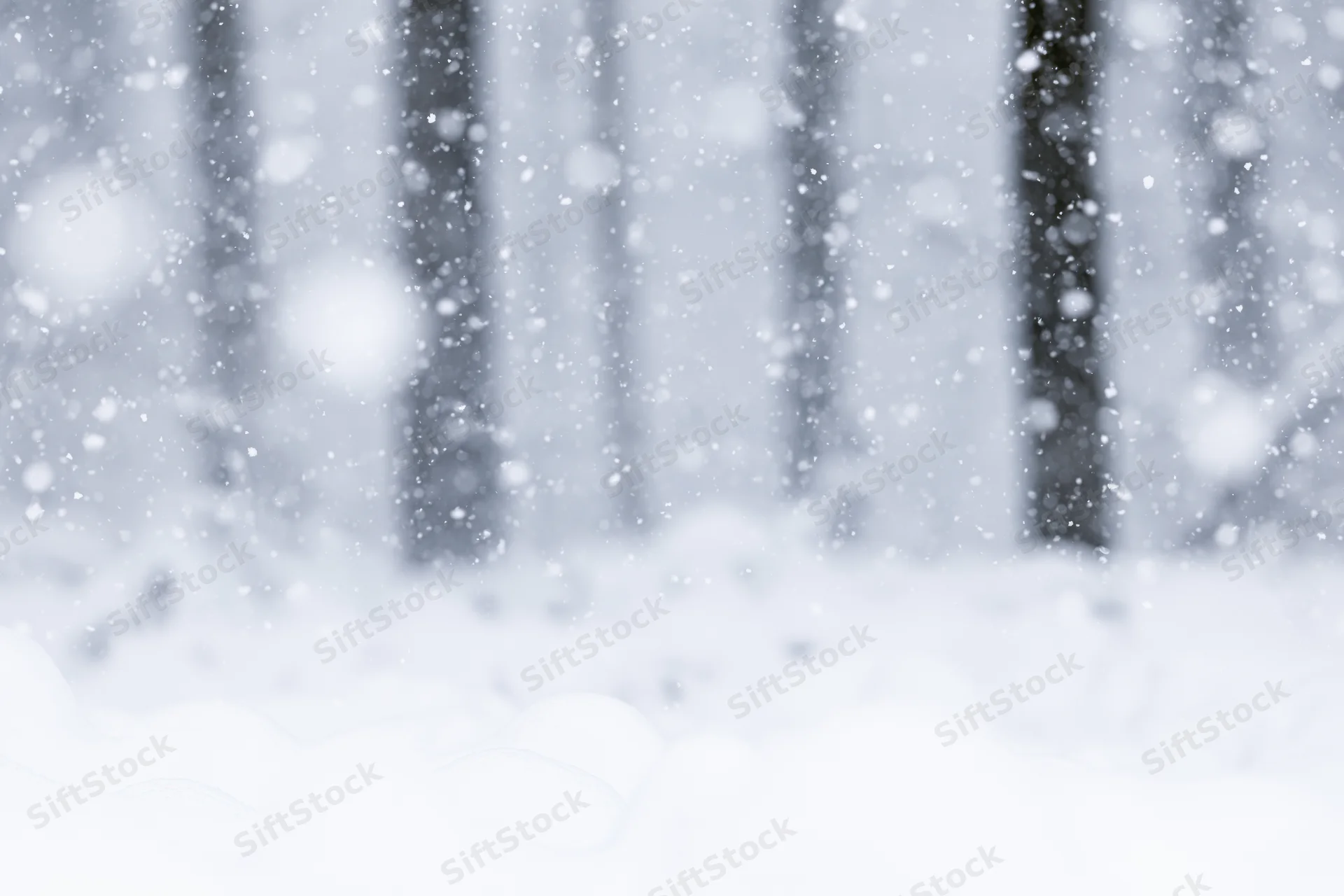 Heavy snowfall in a forest with blurred trees and snowdrifts in the foreground