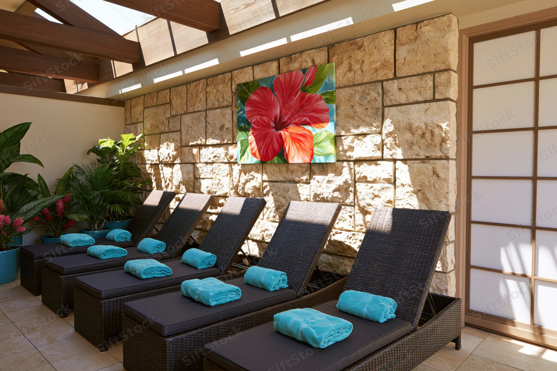Dark wicker lounge chairs with turquoise towels arranged in a row under a stone wall with tropical artwork in a hotel spa relaxation room