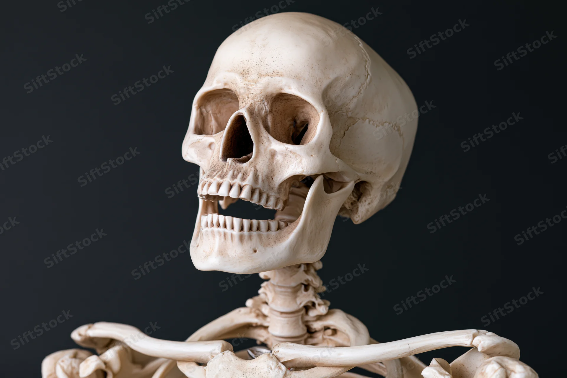 Human anatomical skeleton model from upper torso to skull against dark background