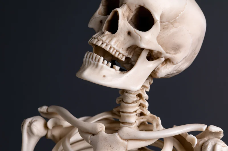 Human anatomical skeleton model showing skull and upper torso against dark background