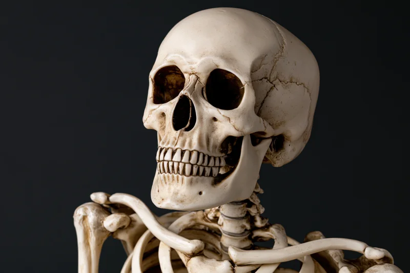 Human anatomical skeleton model from upper torso to skull against dark background