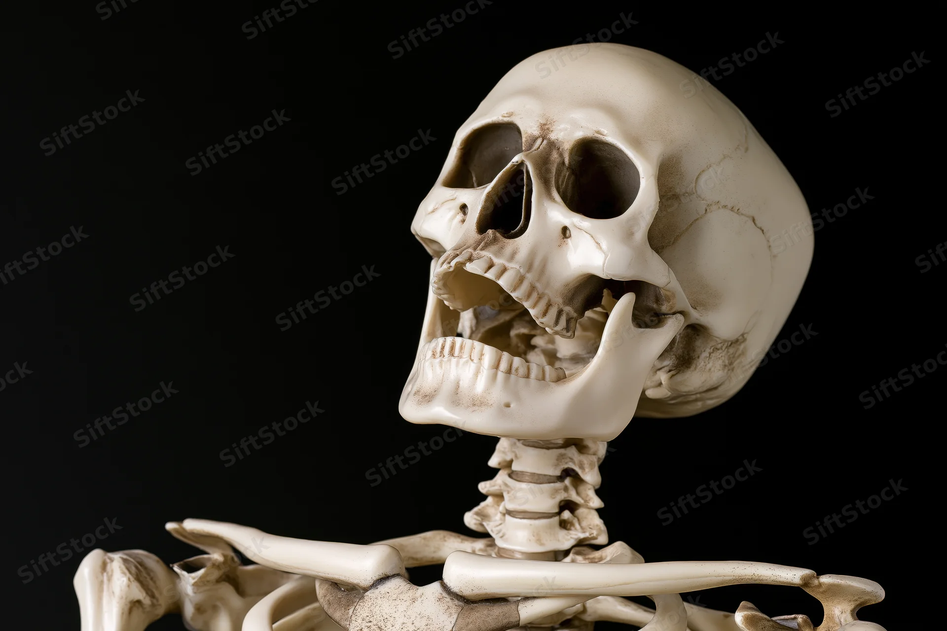 Human anatomical skeleton model from upper torso to skull against black background