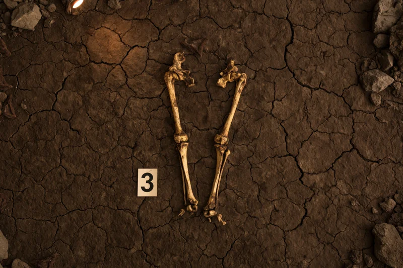 Human skeletal remains lying in excavation pit with marker number 3 on cracked earth