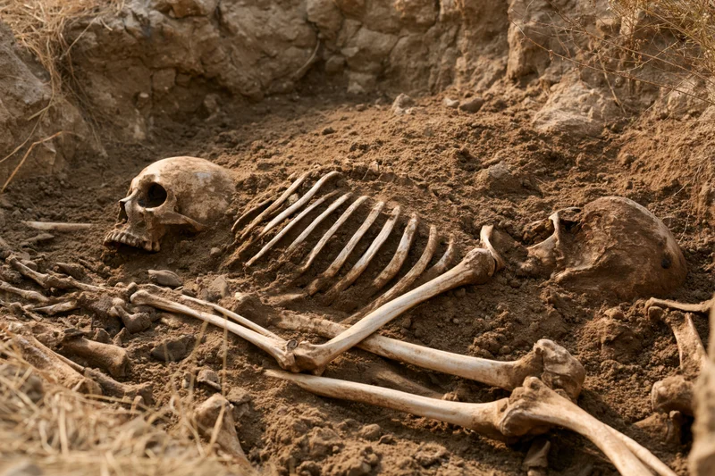 Human skeleton partially unearthed in dry sandy soil at archaeological dig site