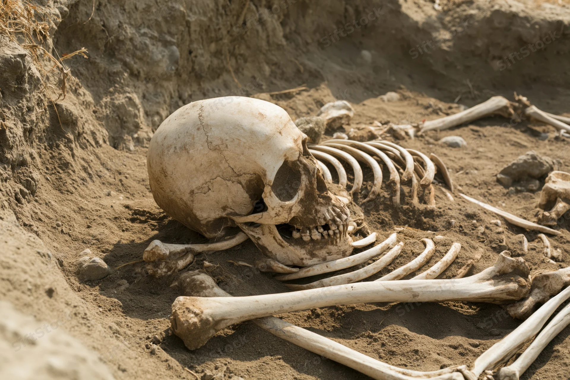 Human skeleton partially unearthed in dry sandy soil at archaeological dig site