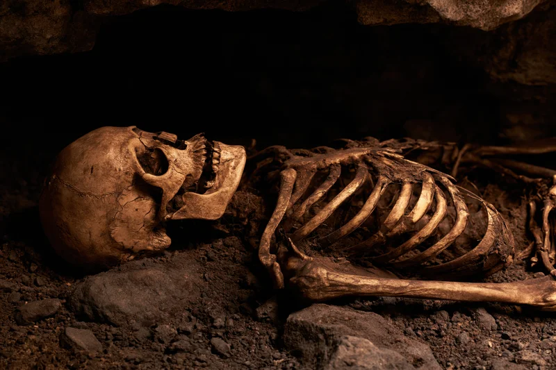 Human skeleton lying on back in shallow earthen grave under dim light