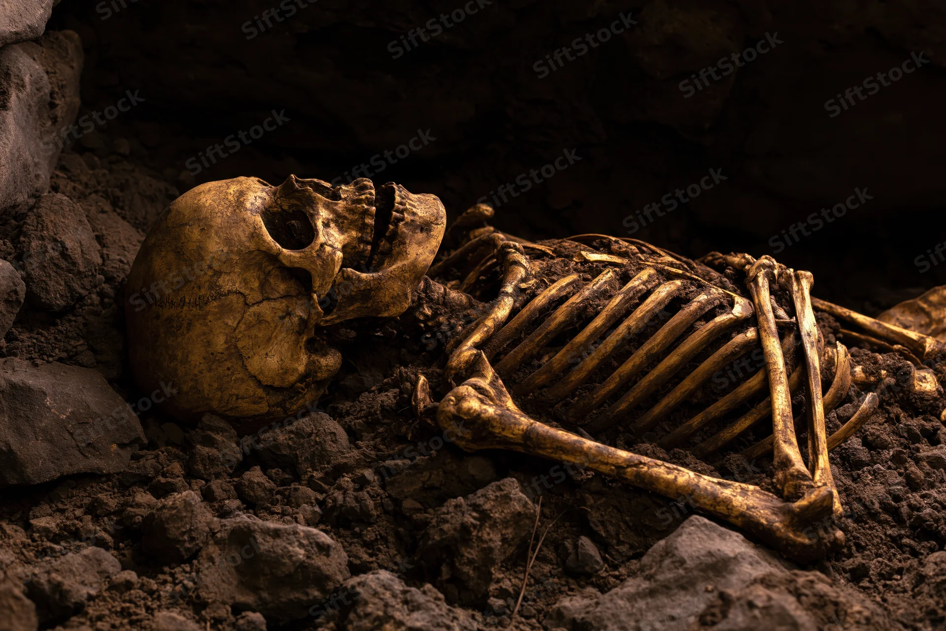 Human skeleton lying on its back in a shallow earthen grave