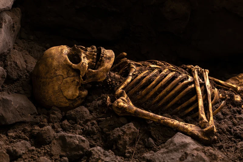 Human skeleton lying on its back in a shallow earthen grave