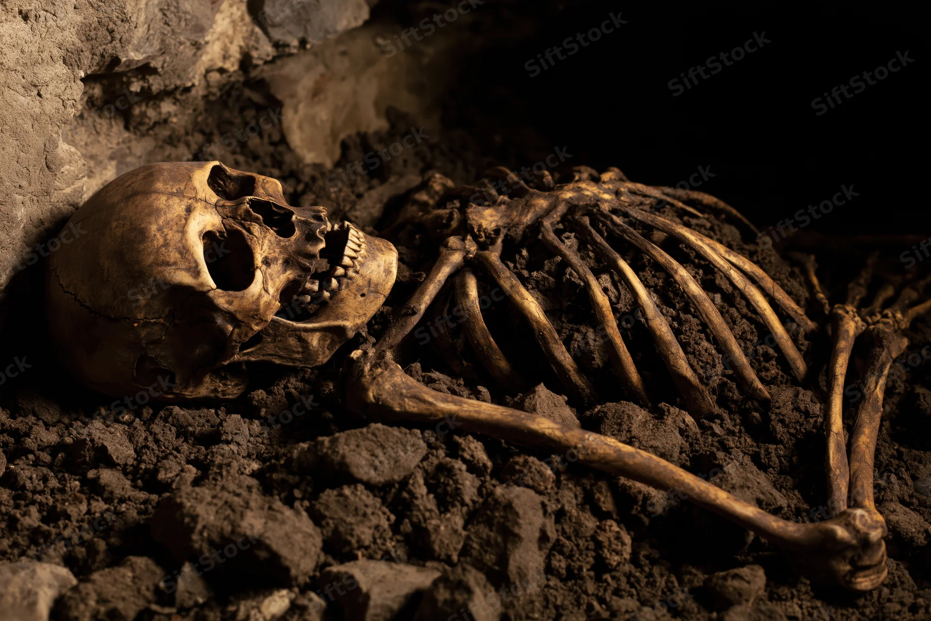 Human skeleton lying on back in shallow earthen grave surrounded by soil and rock