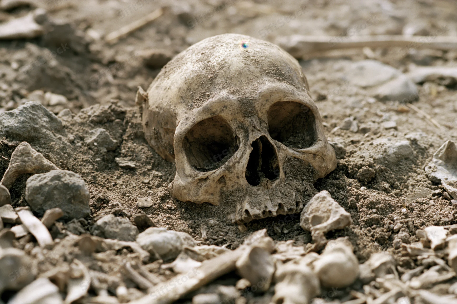 Human skull partially buried in dry soil at an archaeological dig site