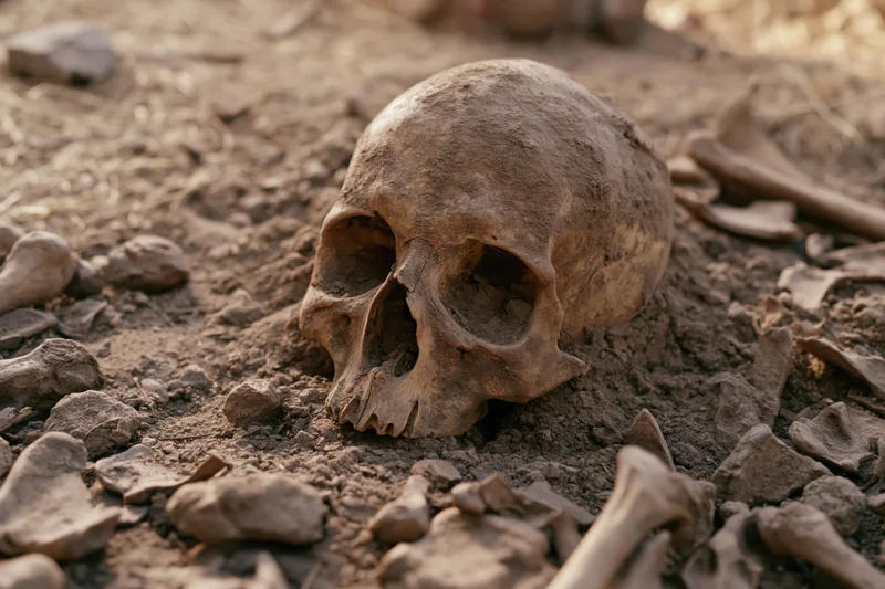 Human skull partially buried in dry soil at an archaeological dig site