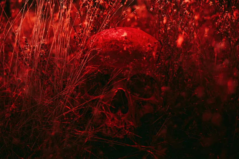 Human skull partially hidden in tall dry grass and wildflowers under red lighting