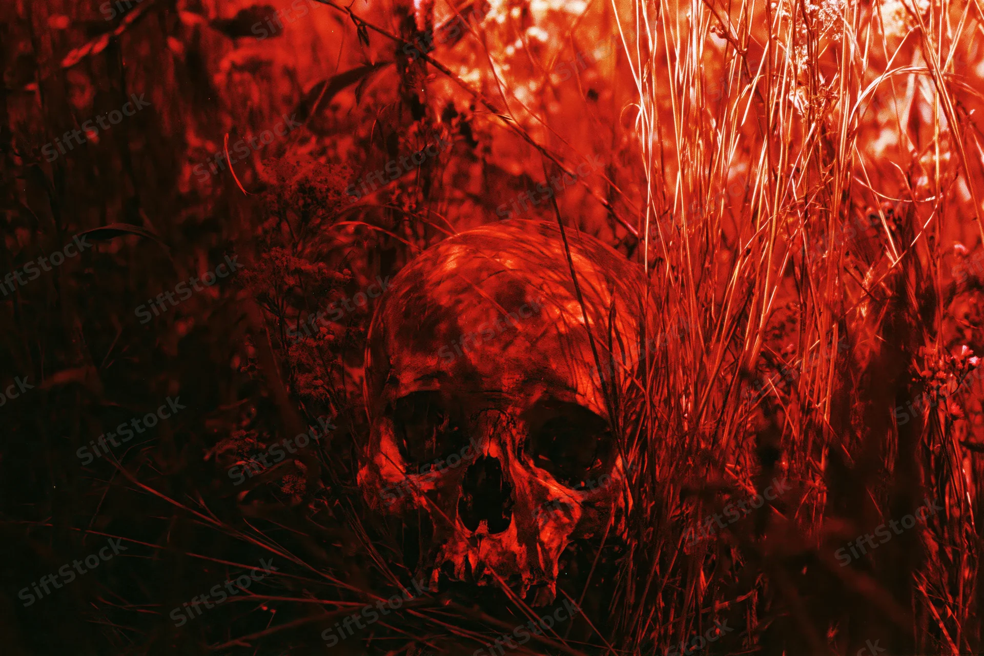Human skull partially hidden in tall dry grass and wildflowers under red lighting in a dark outdoor setting