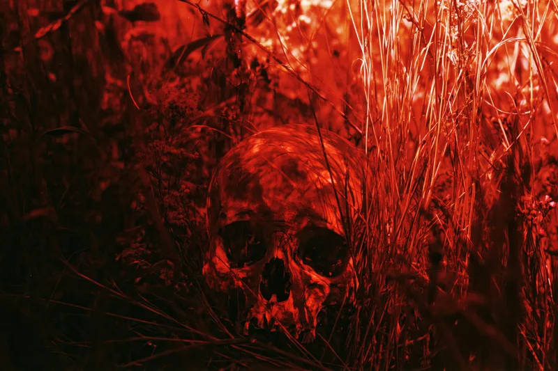 Human skull partially hidden in tall dry grass and wildflowers under red lighting in a dark outdoor setting