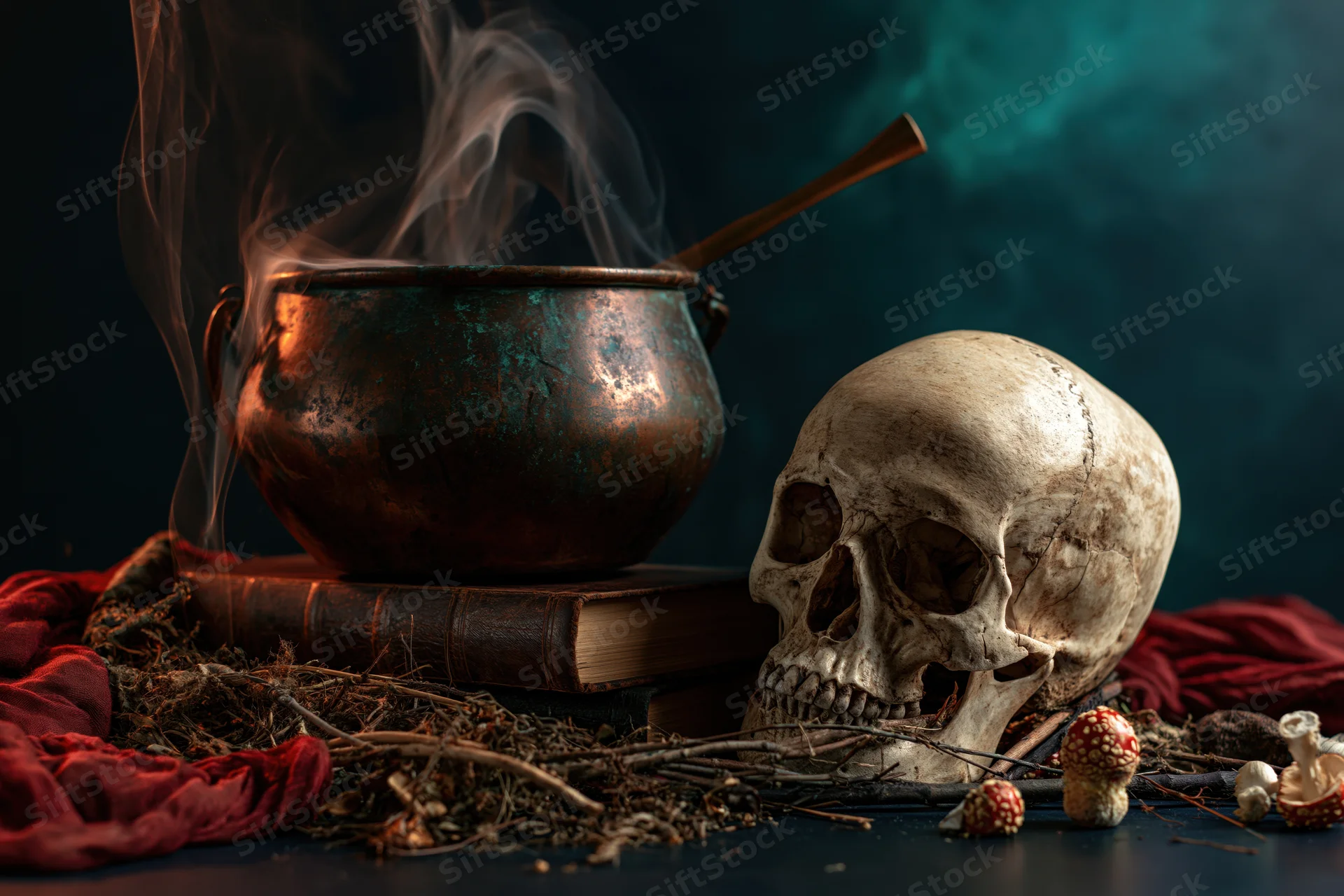 Human skull beside a smoking copper cauldron resting on worn leather-bound books with dried herbs and mushrooms on dark surface