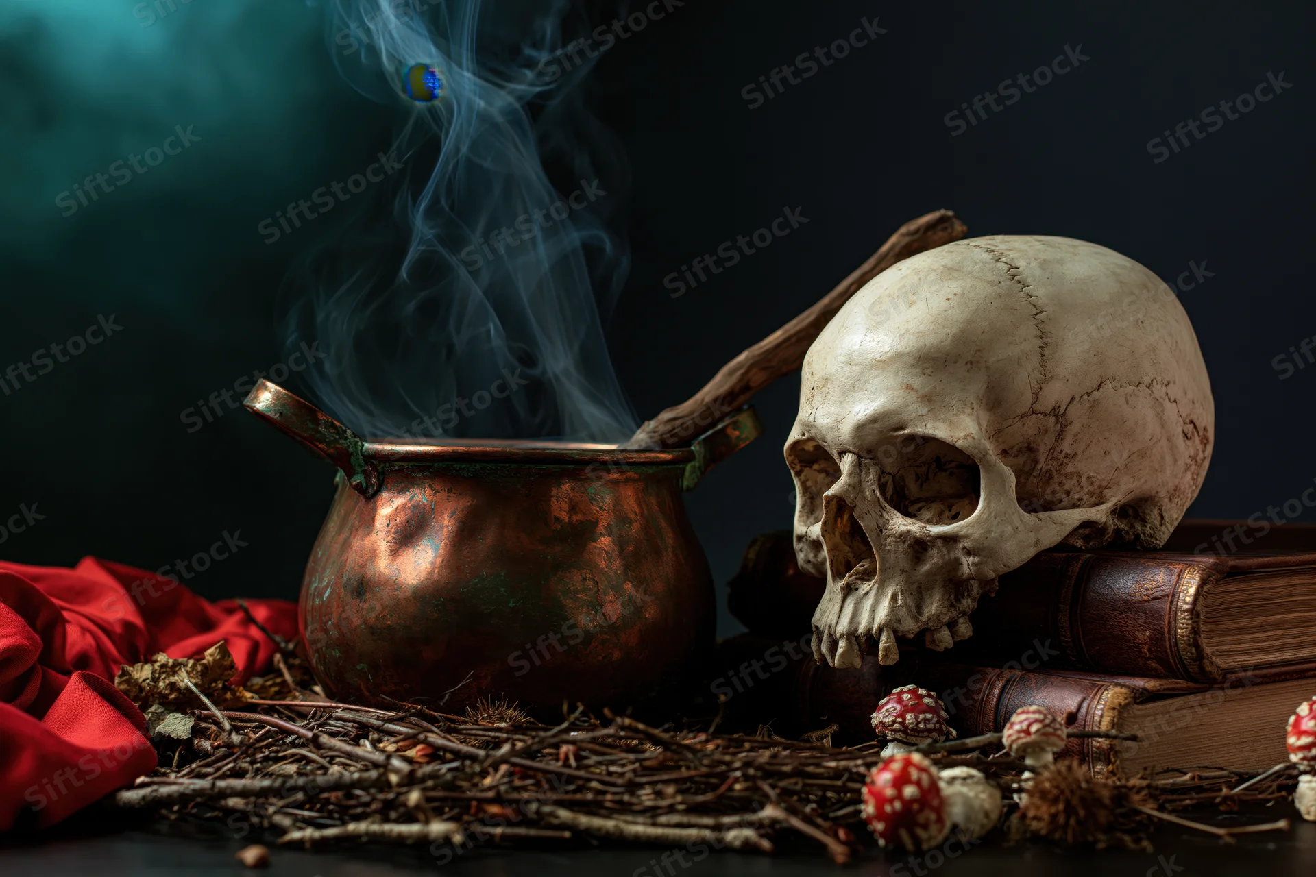 Human skull resting on worn leather-bound books beside a smoking copper cauldron with mushrooms and twigs