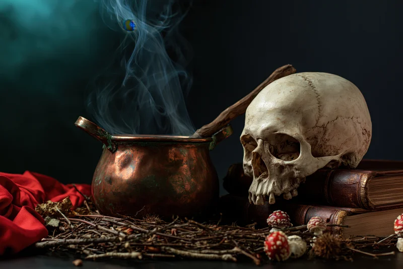 Human skull resting on worn leather-bound books beside a smoking copper cauldron with mushrooms and twigs