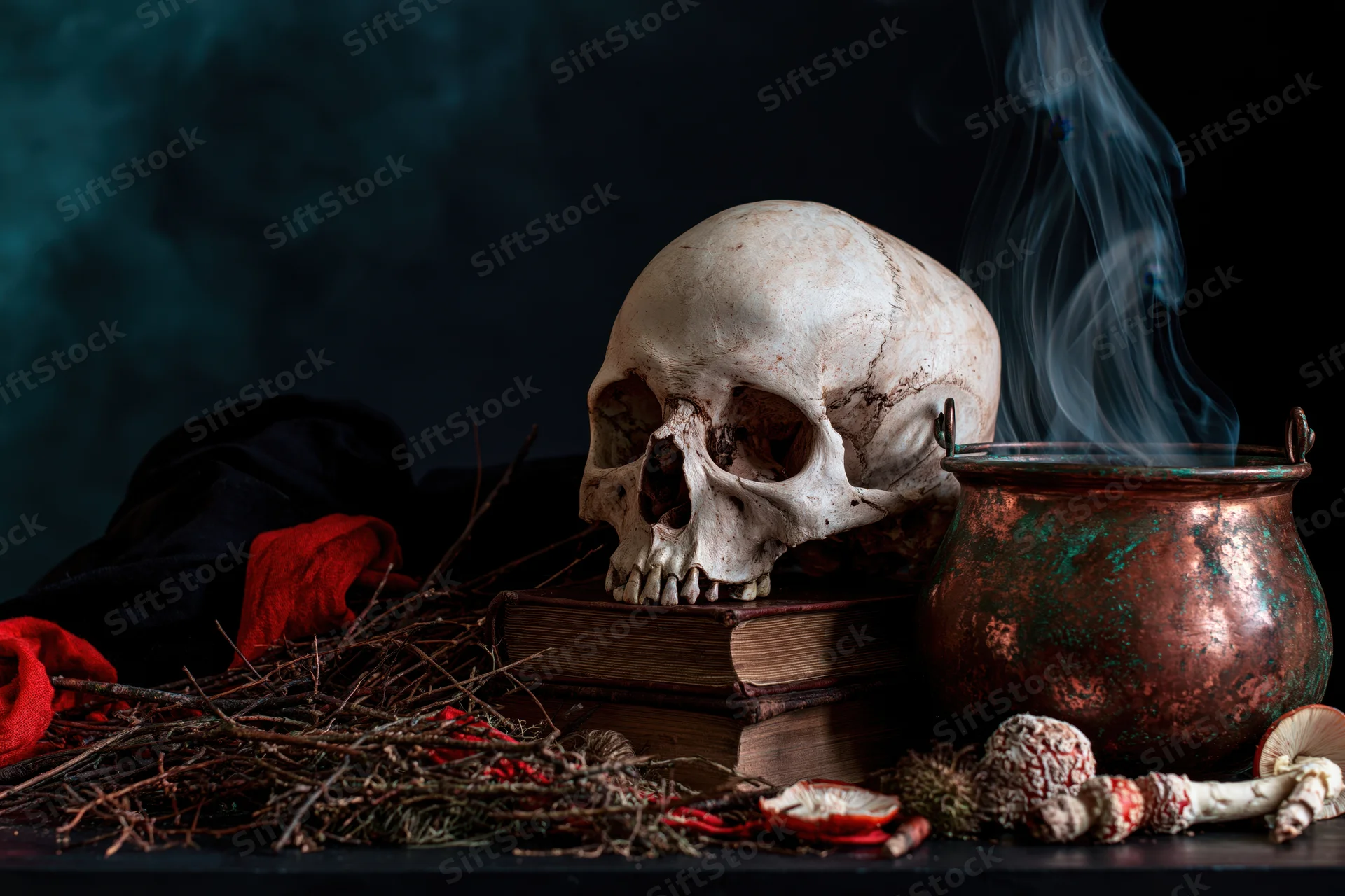 Human skull resting on stacked leather-bound books beside a smoking copper cauldron with mushrooms and twigs