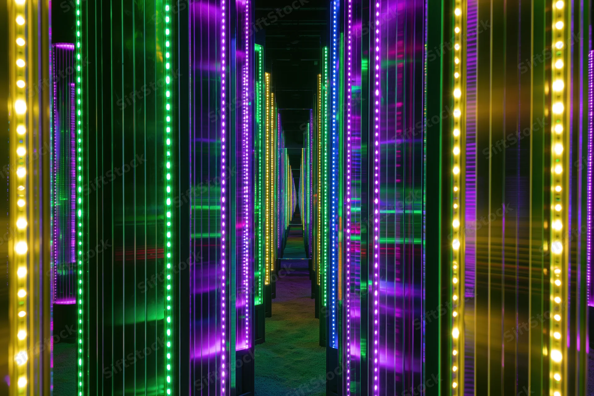 Illuminated corridor with vertical led strips in colorful rows creating a tunnel effect