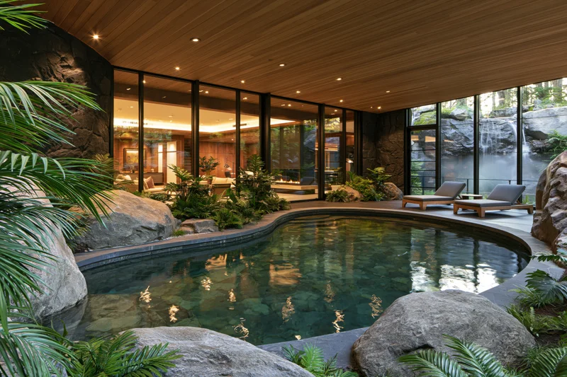 Curved indoor pool surrounded by rocks and tropical plants with glass walls and wooden ceiling