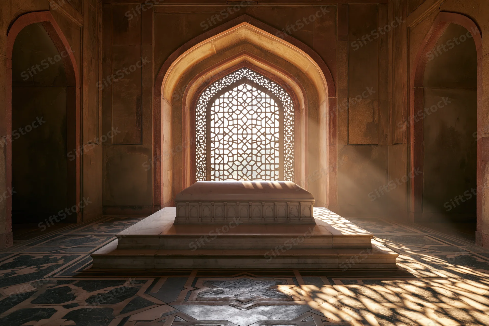 White marble sarcophagus on raised platform in Mughal tomb chamber with arched lattice window and patterned floor