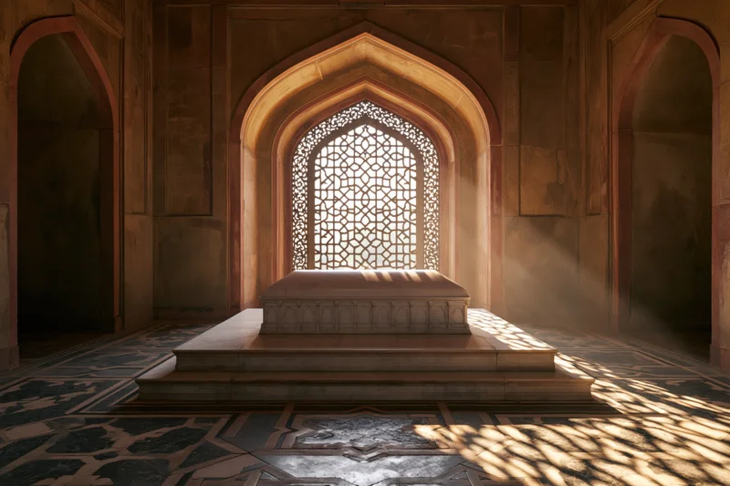 White marble sarcophagus on raised platform in Mughal tomb chamber with arched lattice window and patterned floor