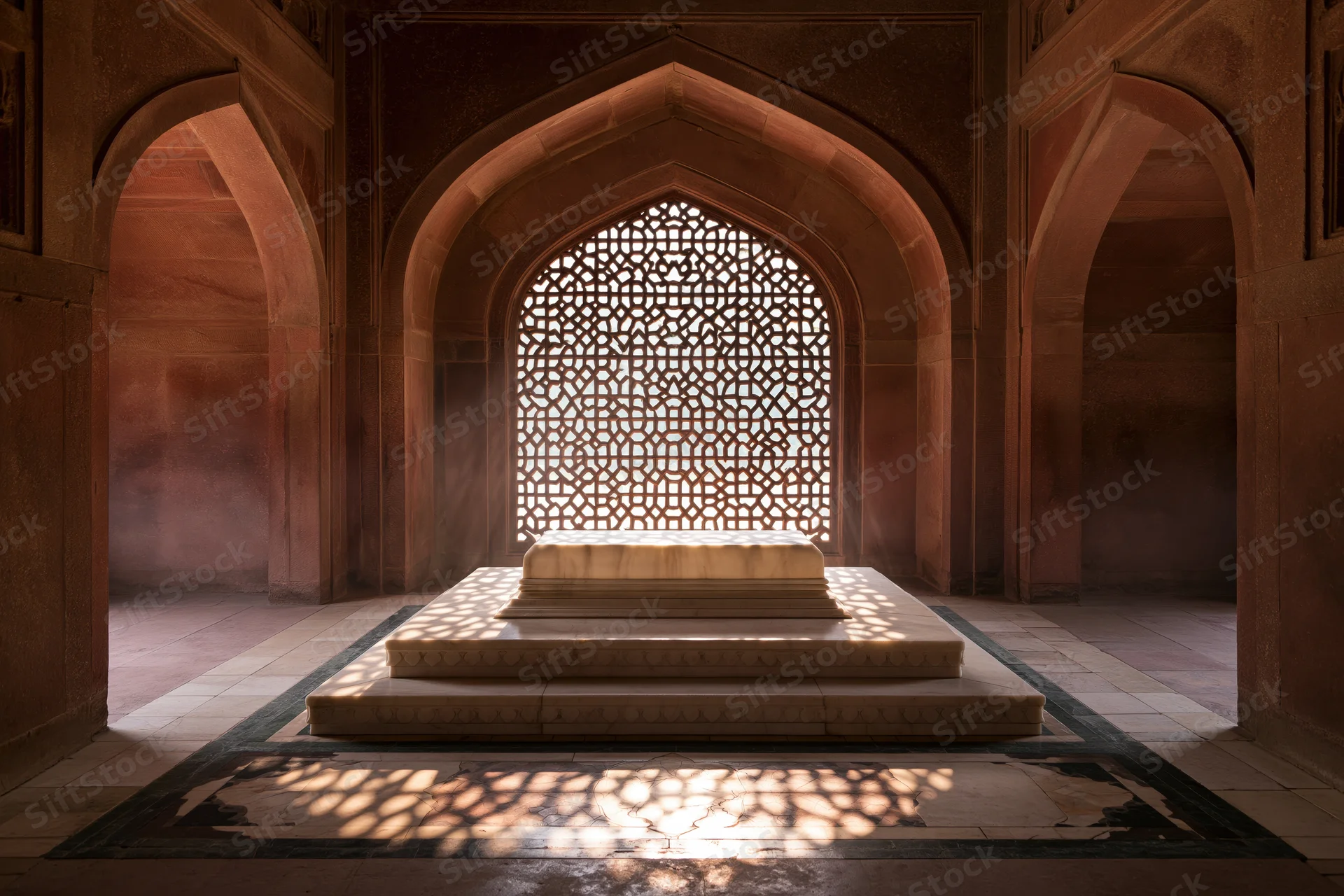 Interior of a mughal tomb chamber with a raised white marble sarcophagus under arched lattice window casting light patterns on floor