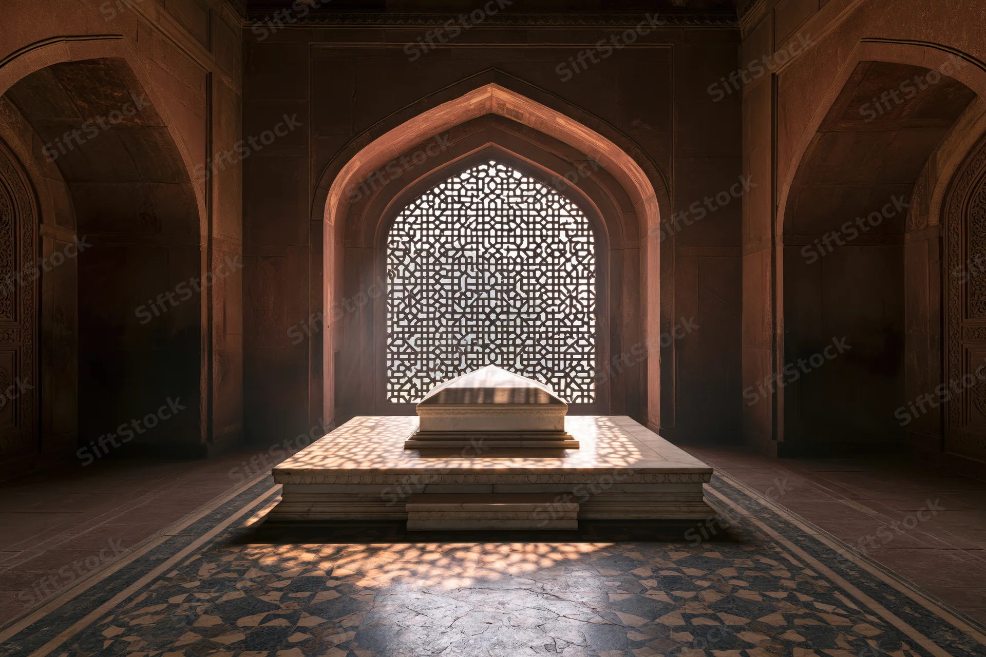 White marble sarcophagus on raised platform in arched chamber with lattice window casting light patterns on floor