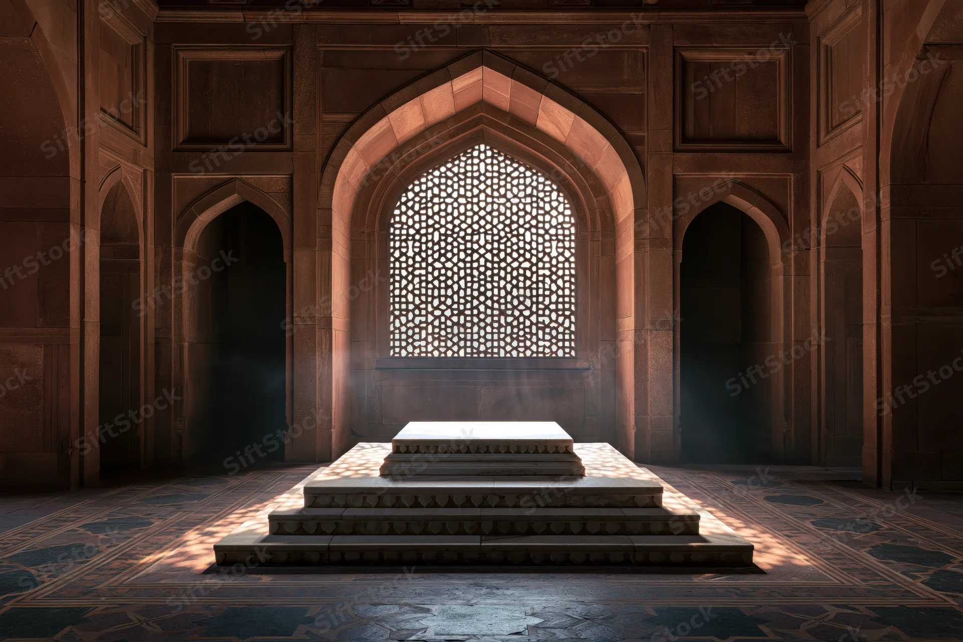 Raised marble tomb platform in a Mughal tomb chamber with arched lattice window and patterned stone floor