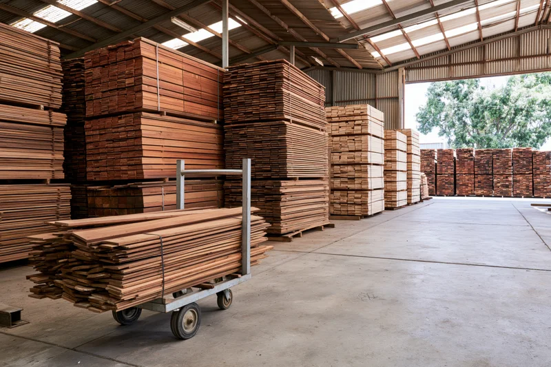 Stacks of wooden planks stored in a lumber warehouse interior