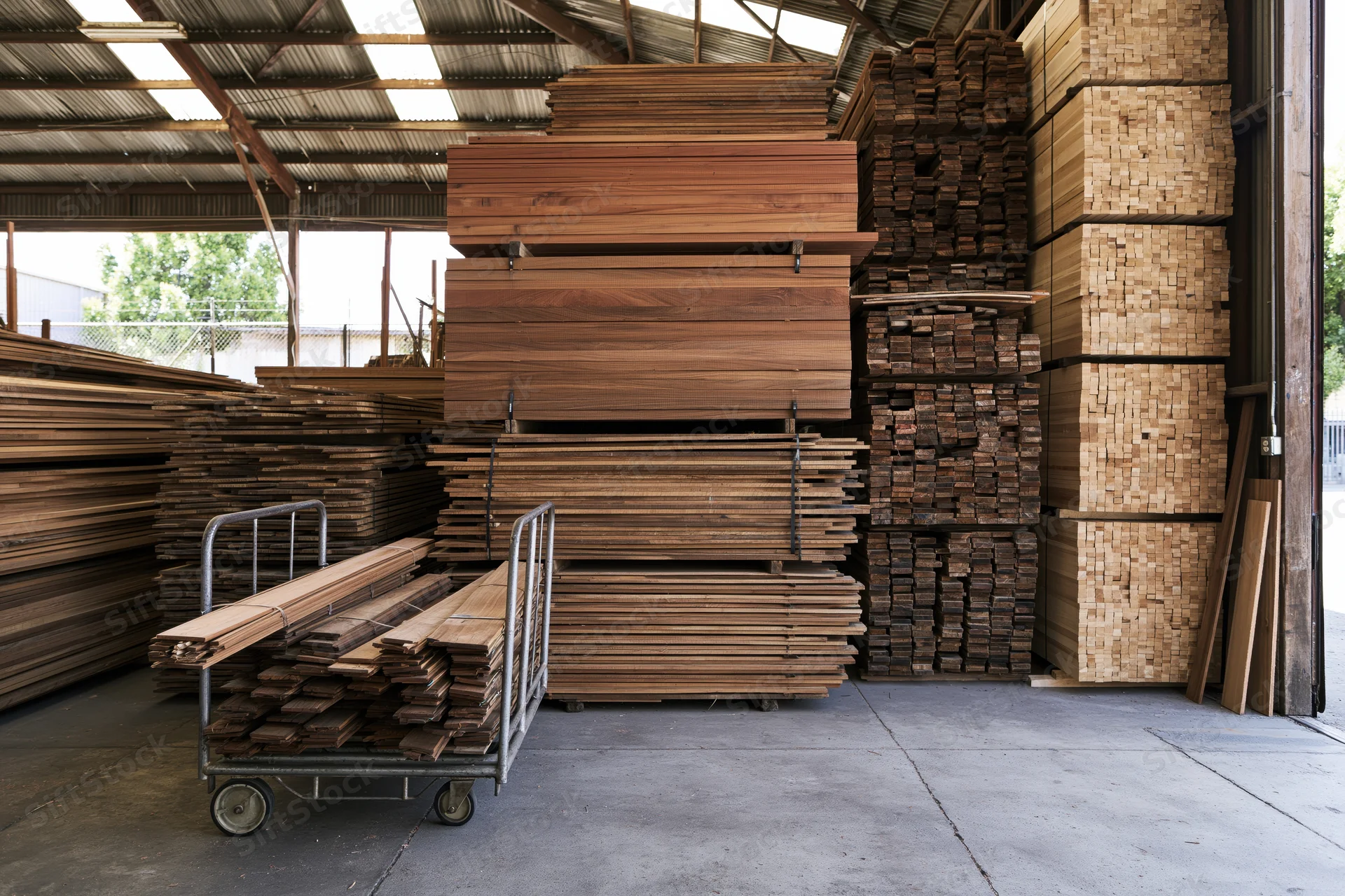 Stacks of wooden planks and boards stored in a lumber warehouse with a metal cart nearby