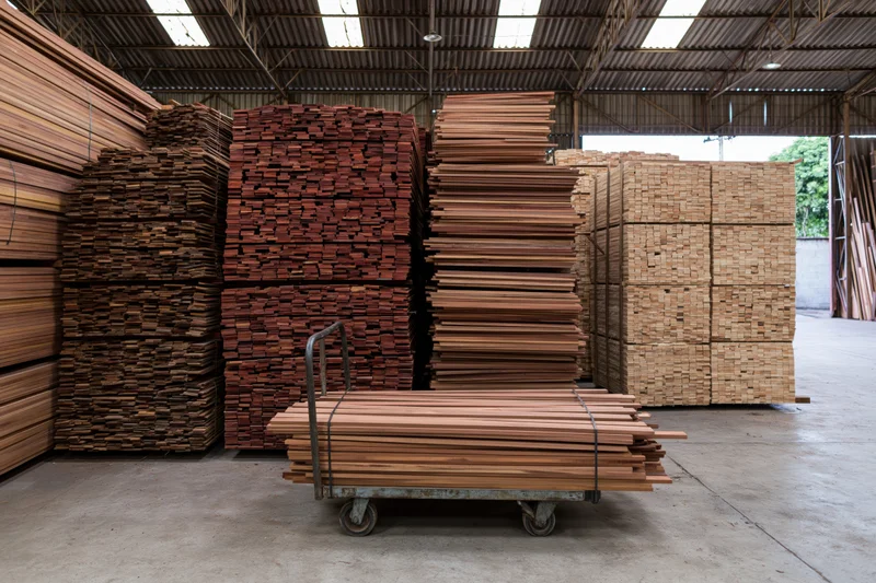 Stacks of wooden planks stored in a lumber warehouse with a cart in the foreground