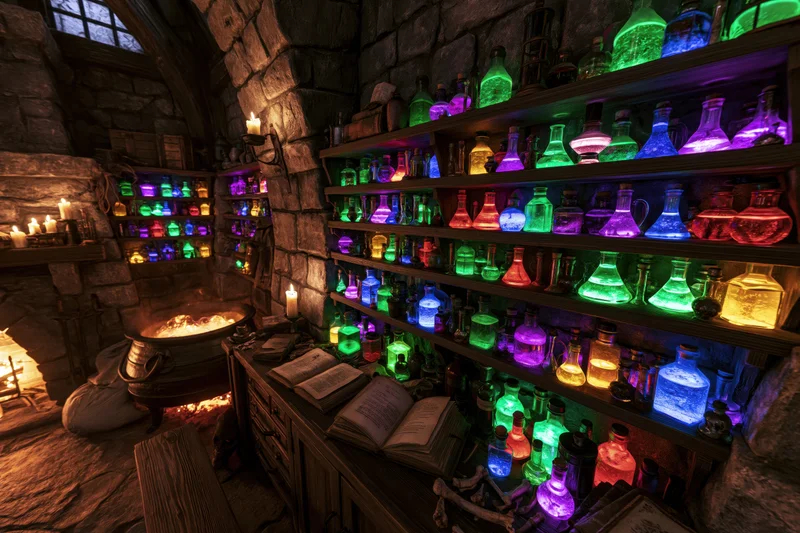Medieval alchemist's workshop with glowing potions on shelves and a cauldron over a fire